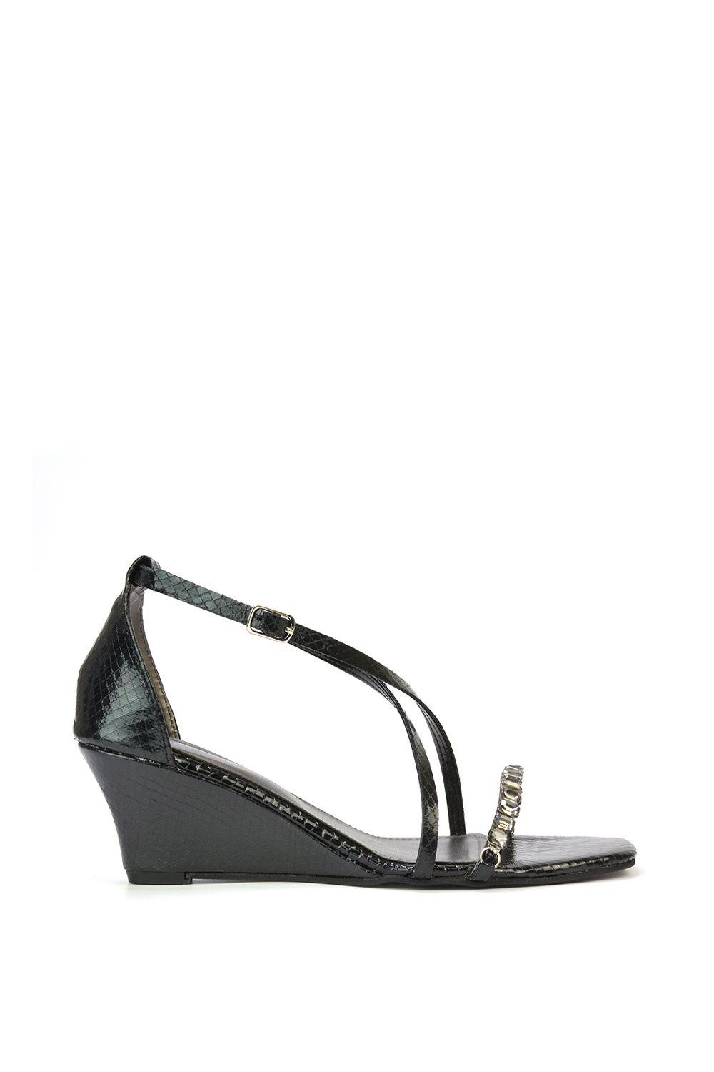 'Sky' Strappy Square Toe Patterned Diamante Wedge Heel Sandals by XY LONDON