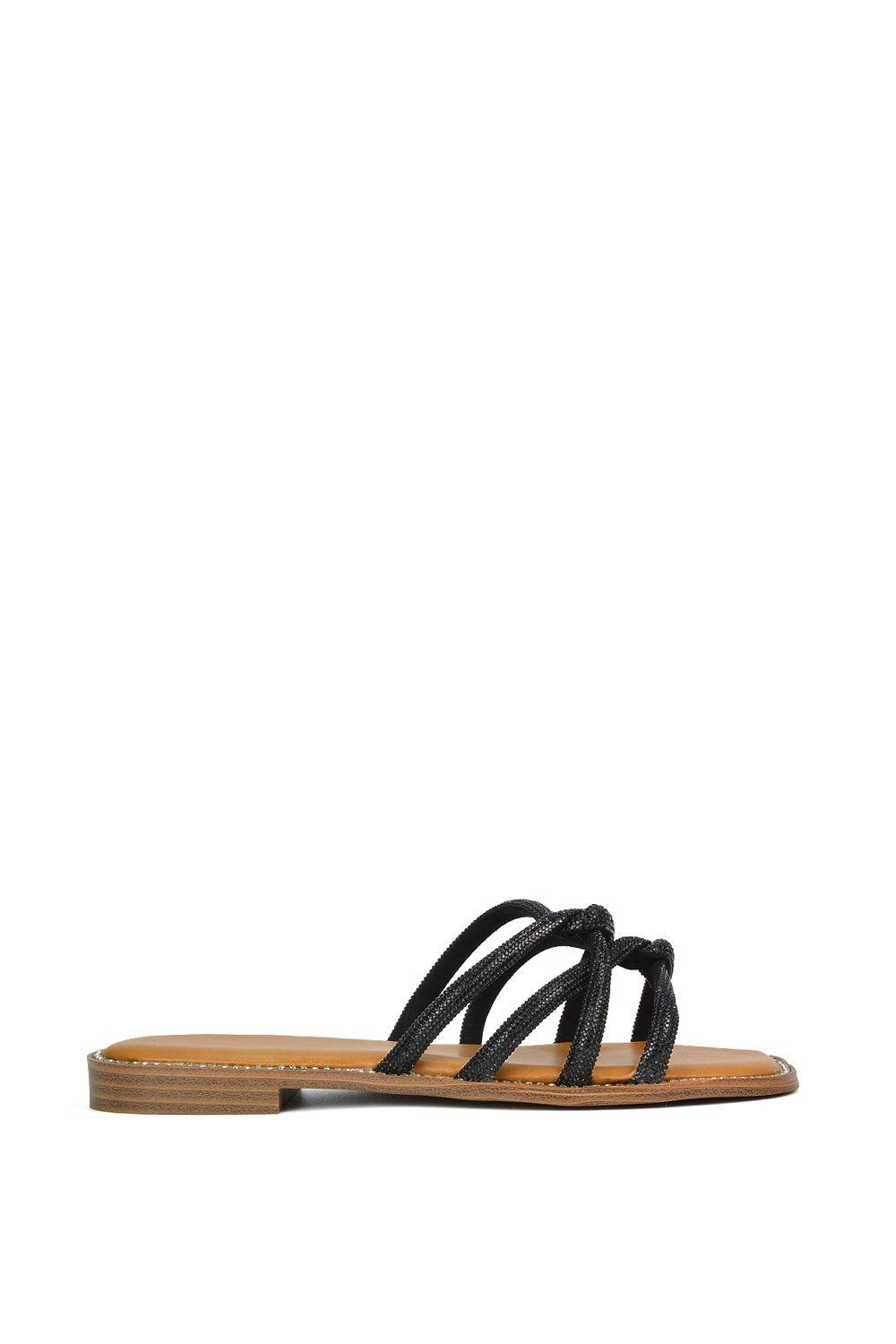 'Sofia' Strappy Diamante Trim Square Toe Flat Sandals by XY LONDON