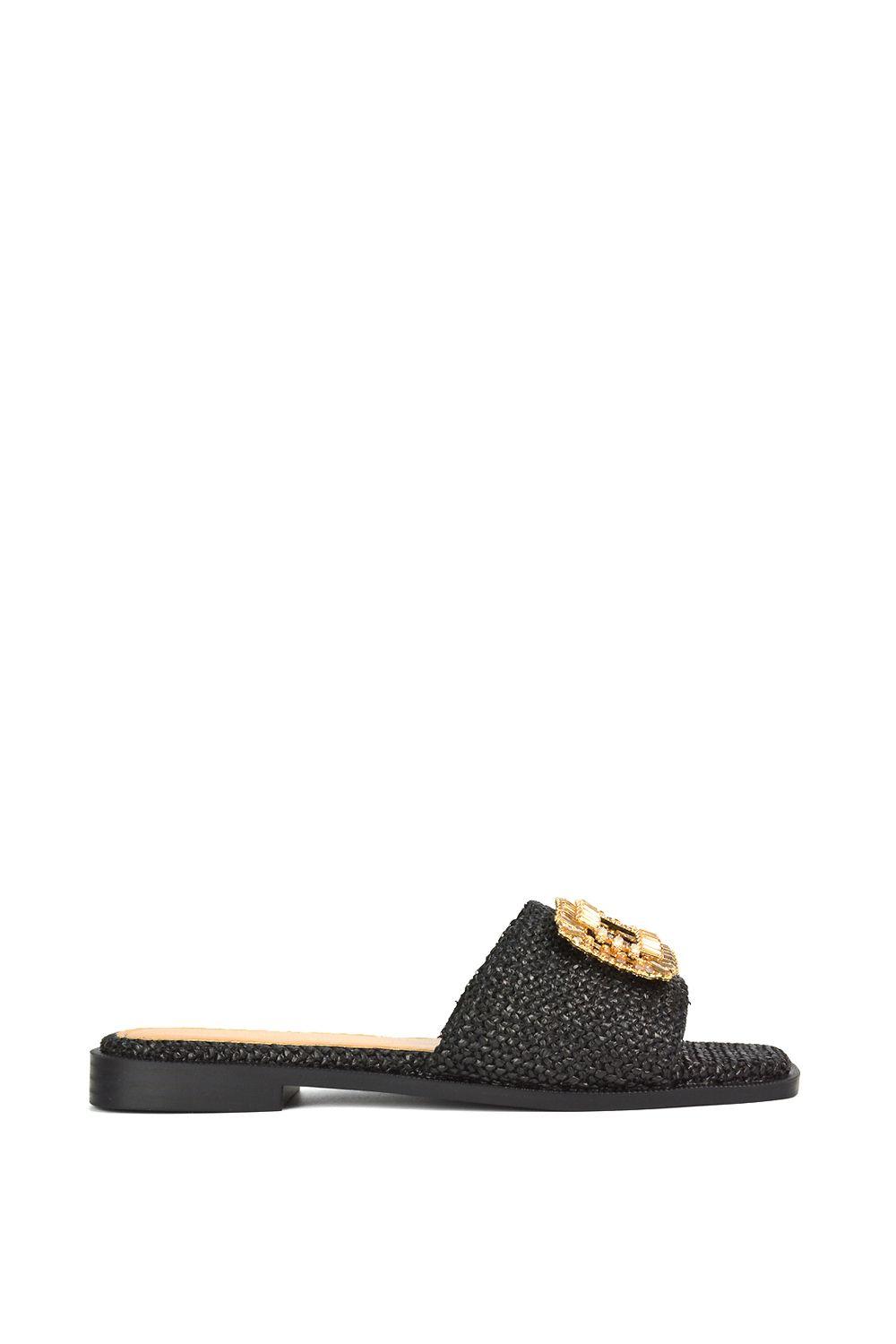 'Trina' Flat Sandal Square Toe Woven Diamante Buckle Sliders by XY LONDON
