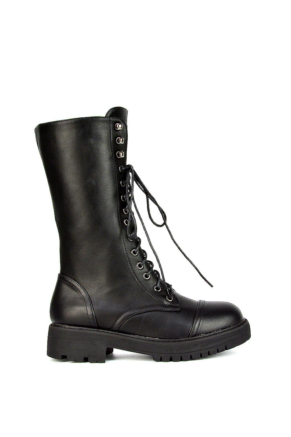 'Vera' Mid-Calf Combat Heeled Ankle Boots by XY LONDON
