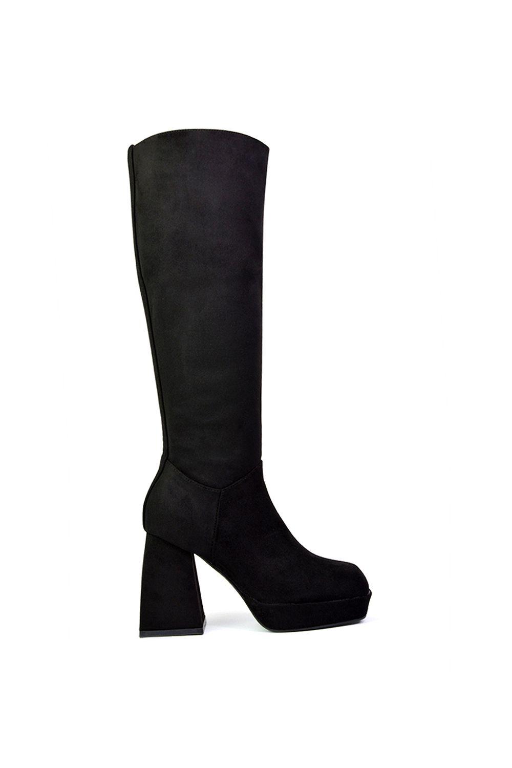 'Wren' Knee High Boots With Platform Chunky Flared Block Heel by XY LONDON