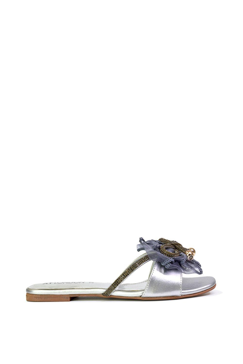 'Zendaya' Mesh Diamante Bow Flat Sandal Square Toe Bridal Shoes by XY LONDON