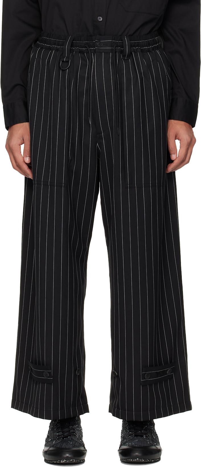 Black Pinstripe Refined Wool Wide Leg Trousers by Y3