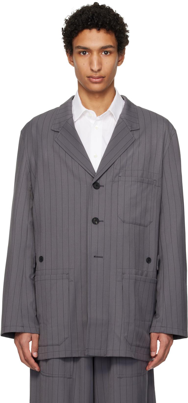 Gray Pinstripe Refined Wool Chore Blazer by Y3
