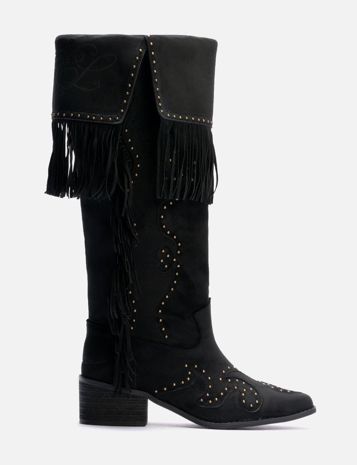 Studded Suede Fringe Boots Black by YEEL