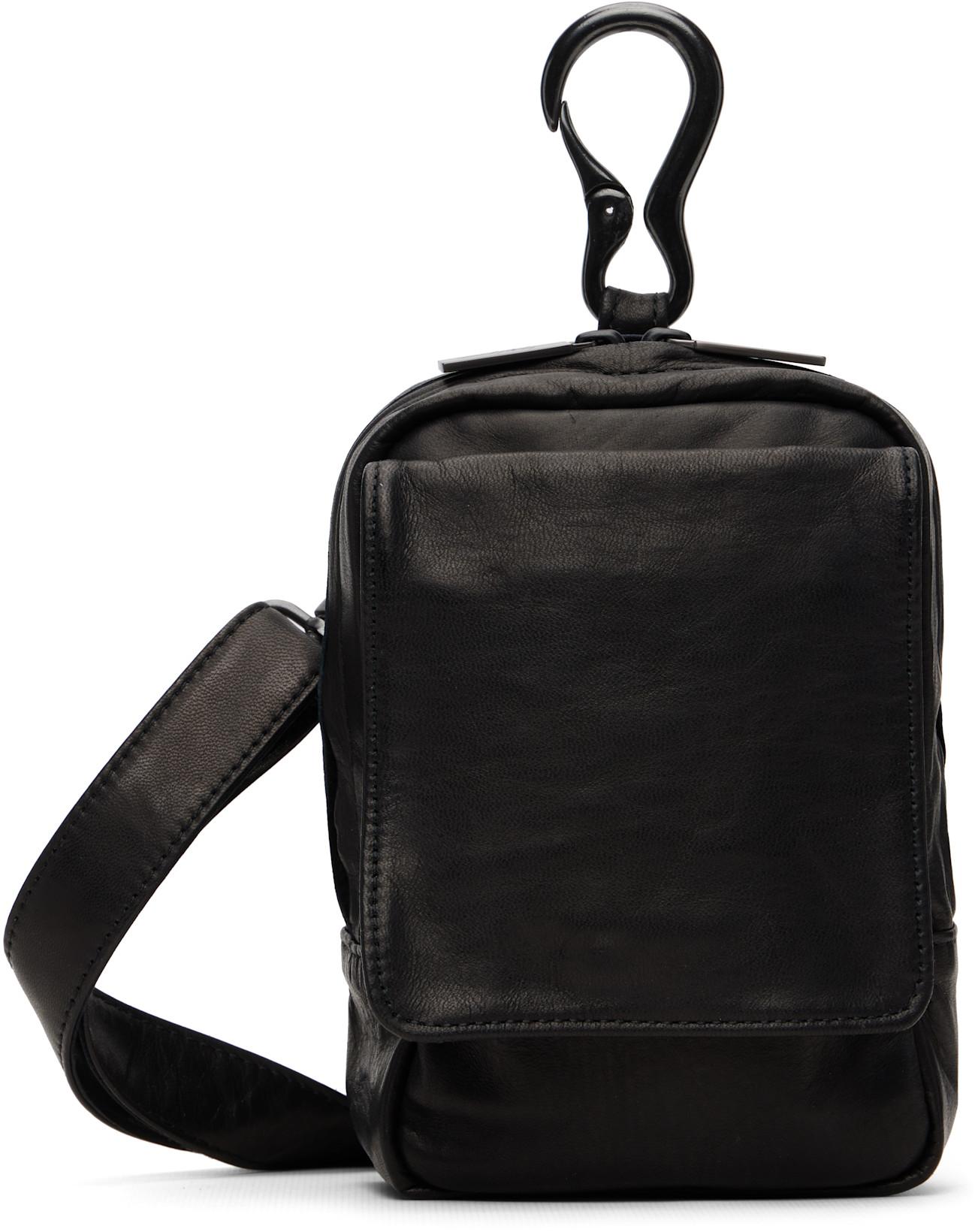 Black Scratch Horse Leather Zip Shoulder Pouch by YOHJI YAMAMOTO