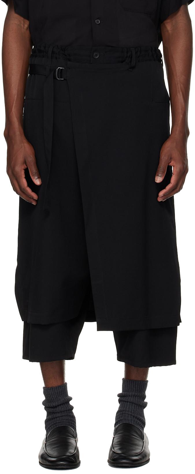 Black Wool Gabardine Standard Wrap Trousers by YOHJI YAMAMOTO