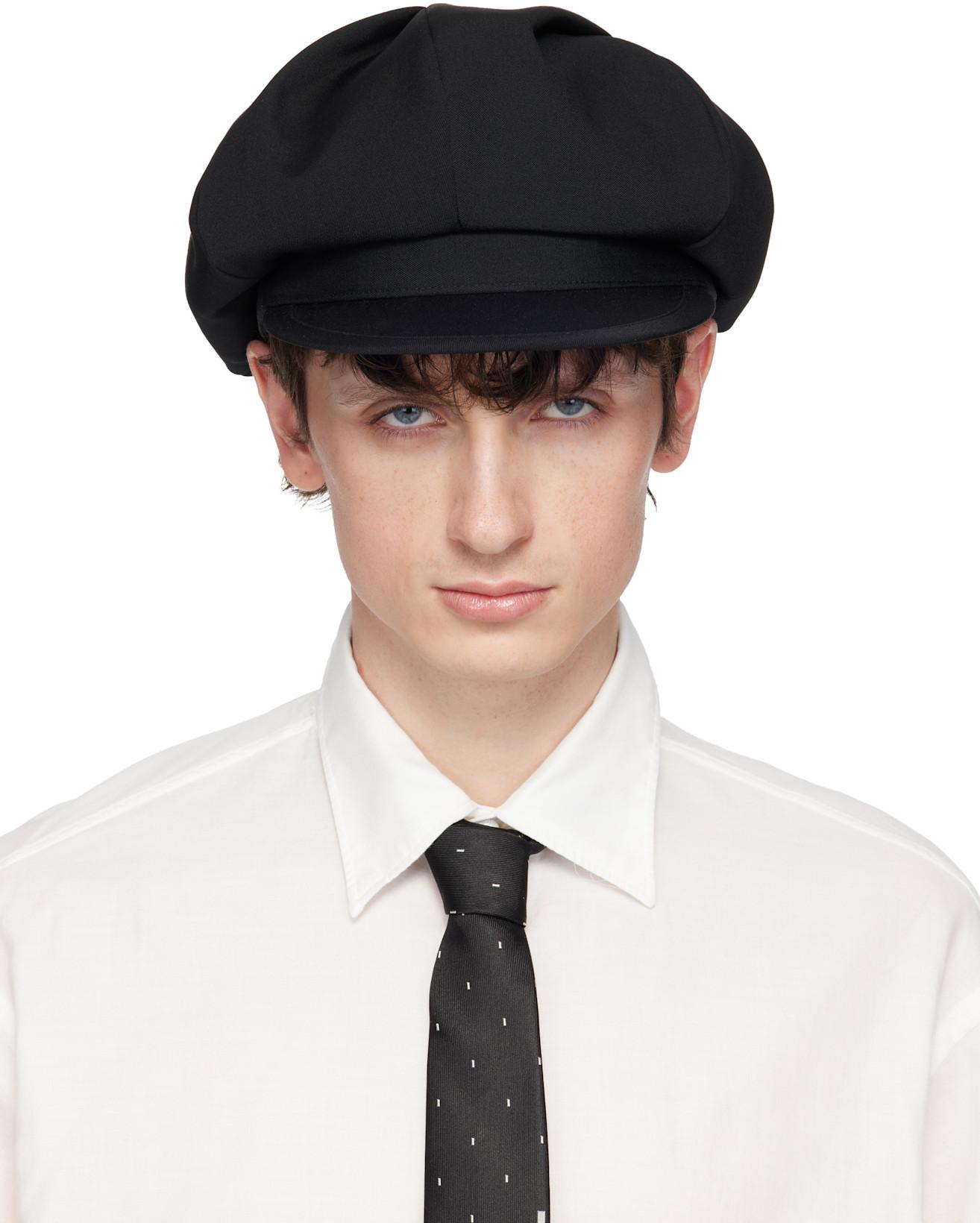 Black Wool Gabardine Tuck Casquette Cap by YOHJI YAMAMOTO