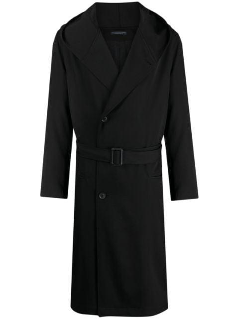 belted hoodied wool trench coat by YOHJI YAMAMOTO
