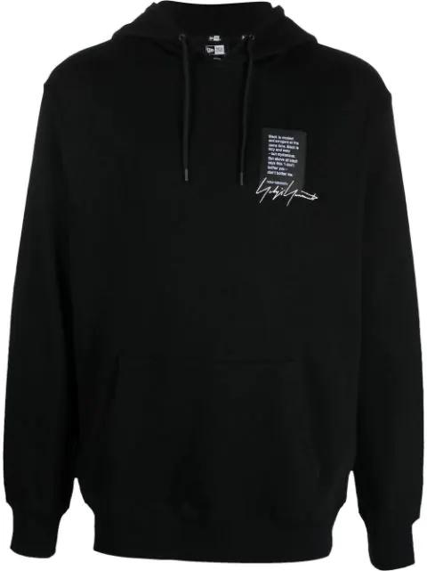 quote-patch drawstring hoodie by YOHJI YAMAMOTO