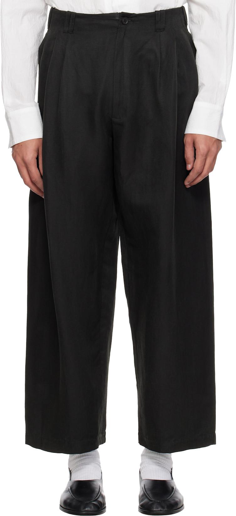 Black Linen Silk Kersey 3pleated Tapered Trousers by YOKE