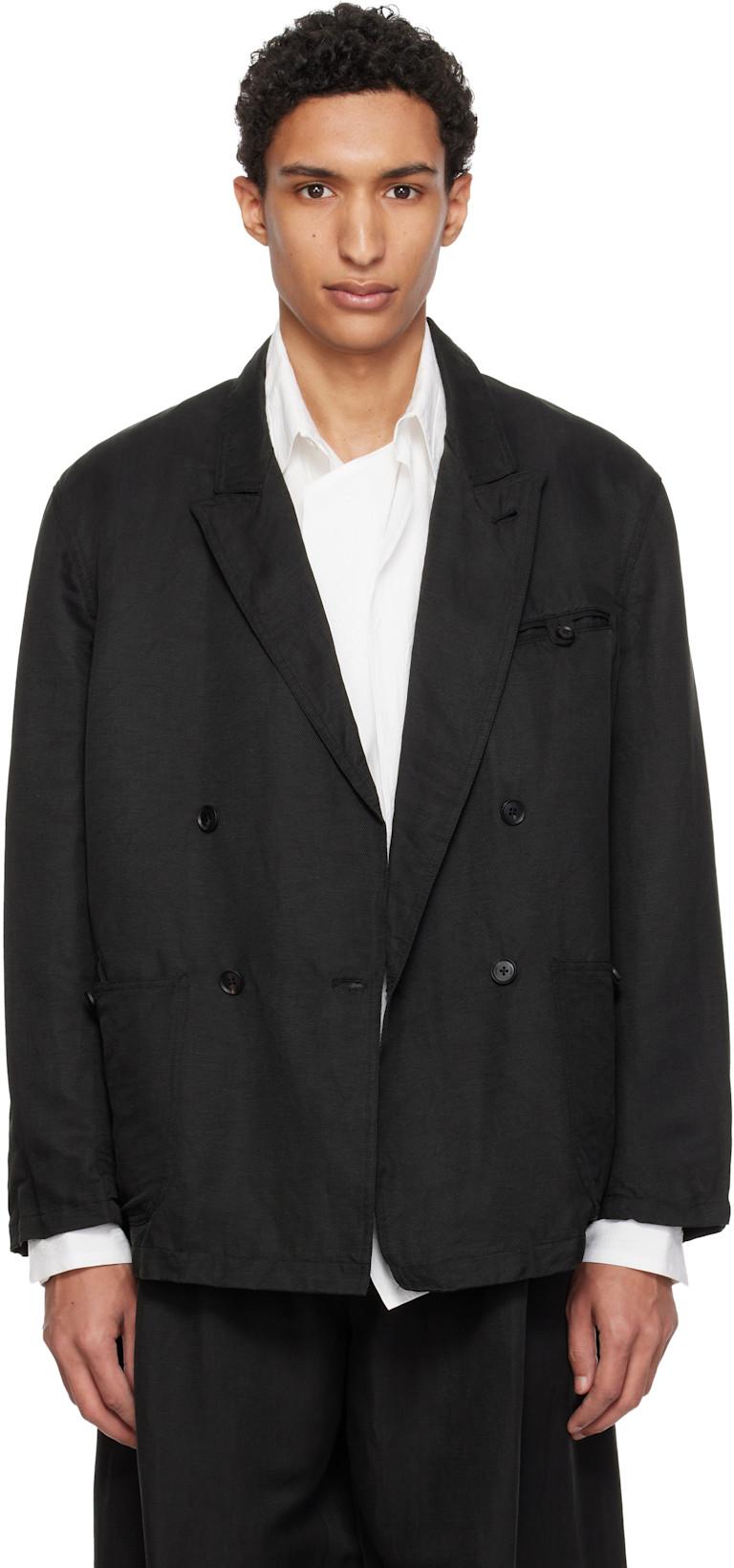 Black Linen Silk Kersey Double Breasted Blazer by YOKE