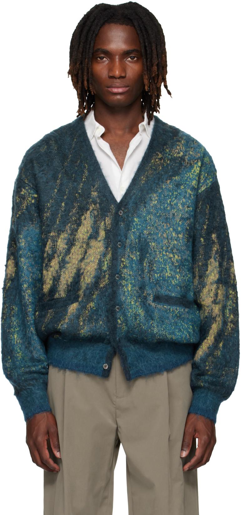 Blue & Green Abstract Jacquard Mohair Cardigan by YOKE