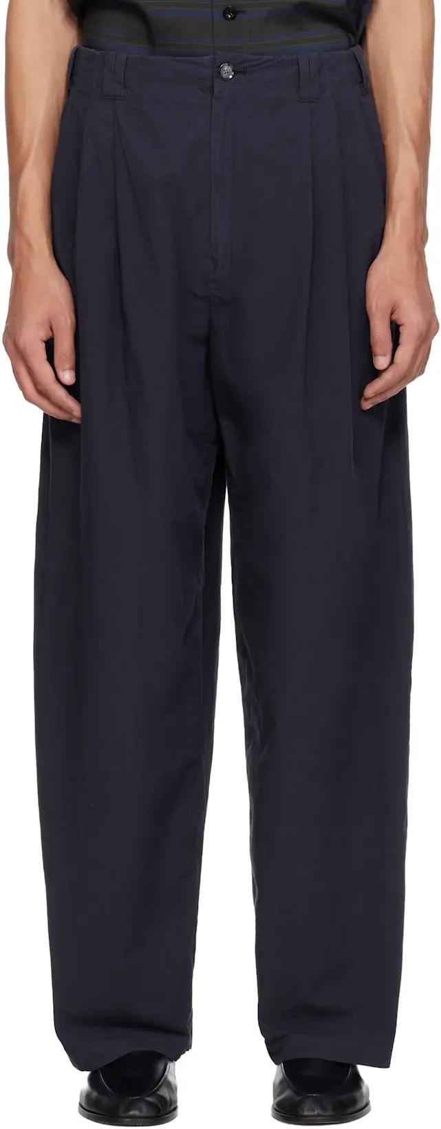 Navy Cotton Typewriter Garment-dyed 3pleated Tapered Trousers by YOKE
