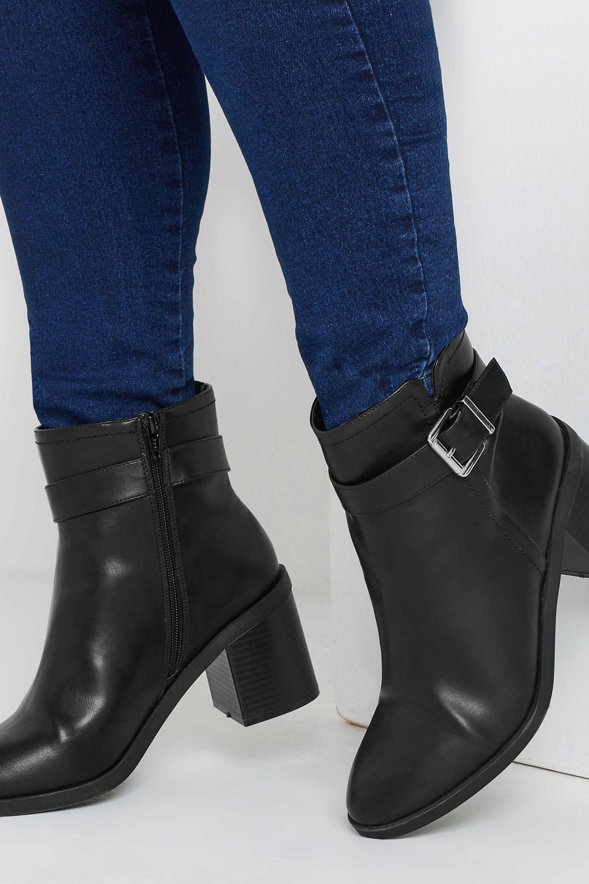 Black Block Heel Buckle Boot In Wide Fit by YOURS