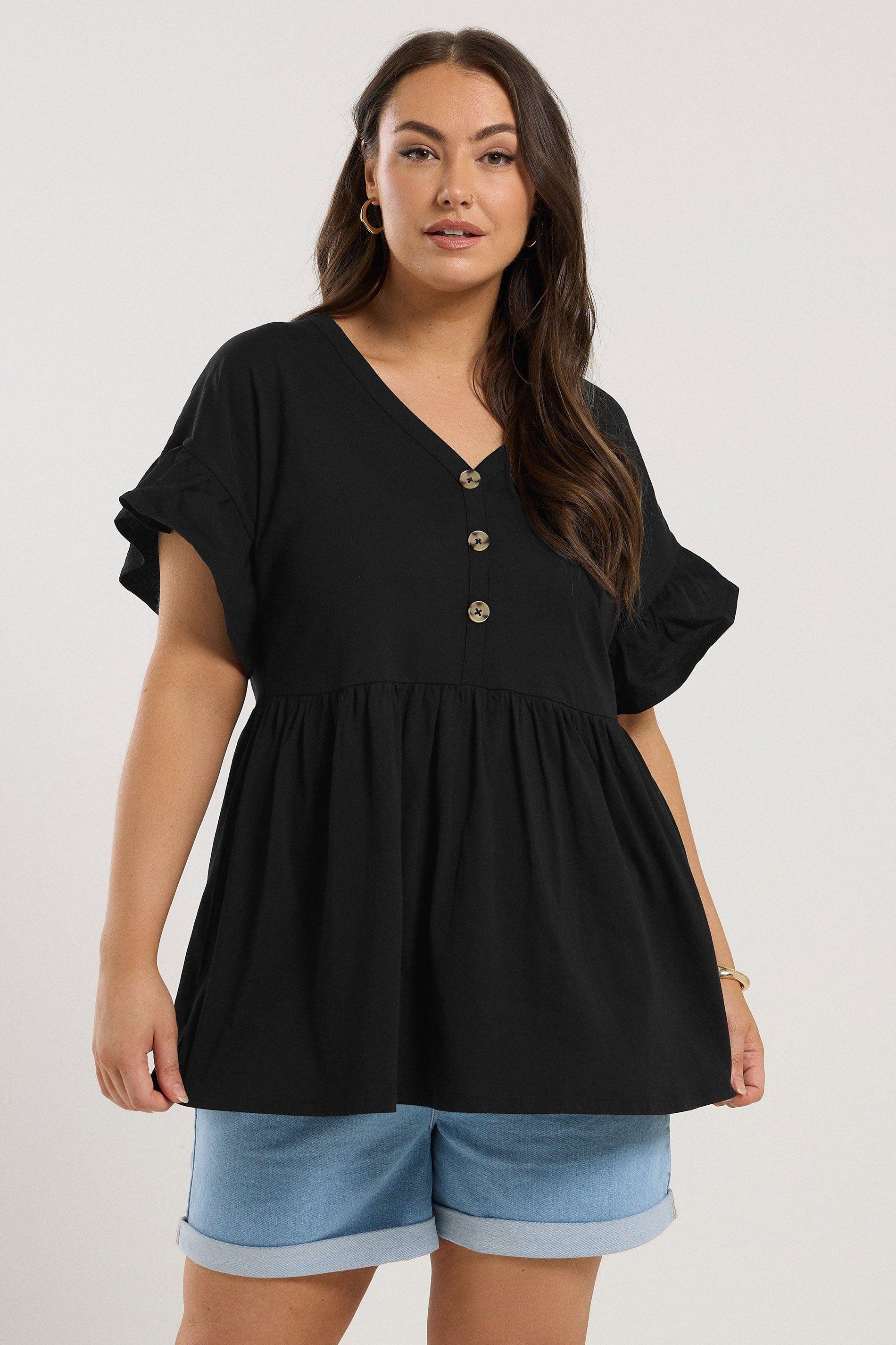 Button Frill Sleeve Peplum Top by YOURS