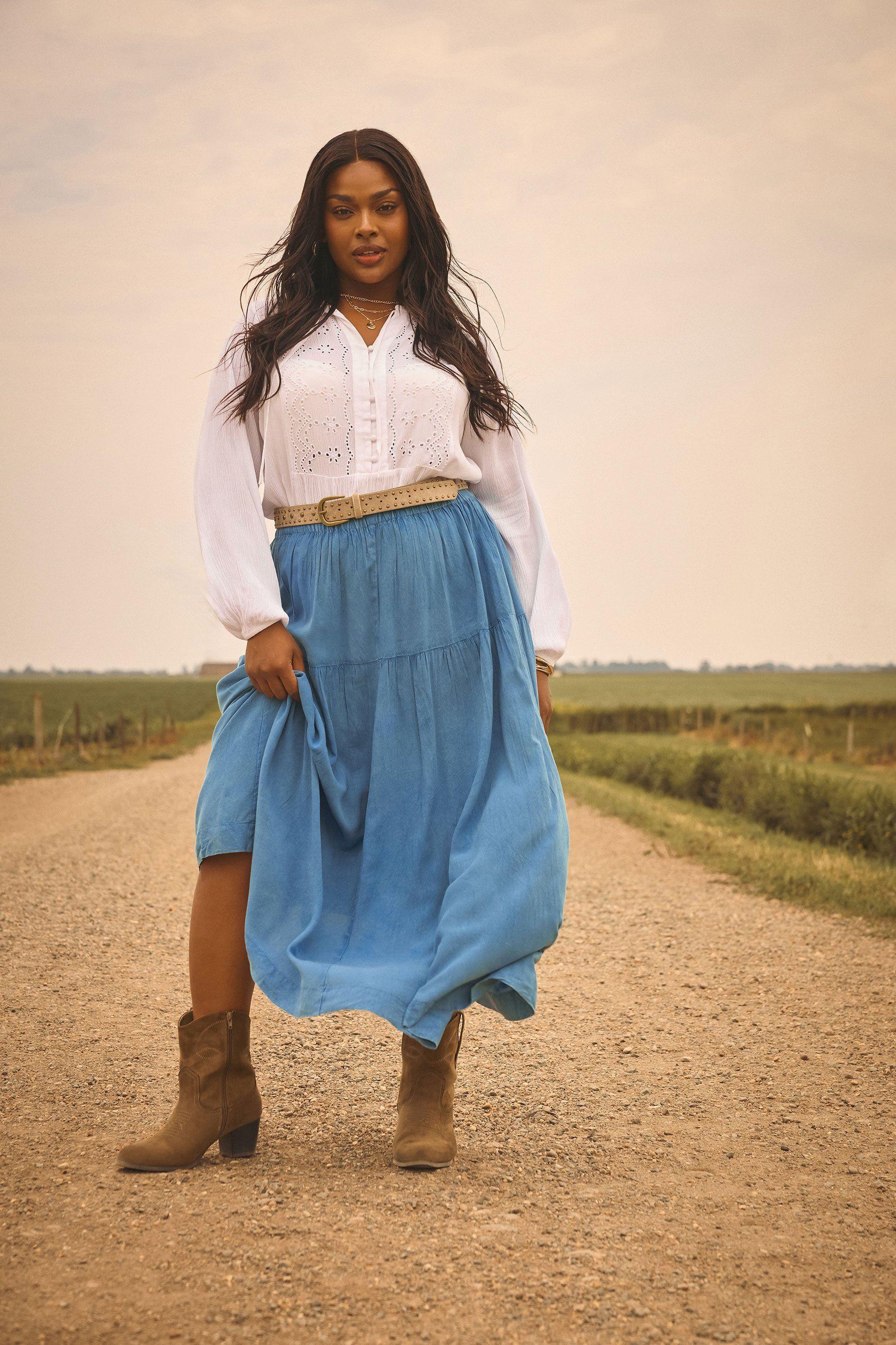 Chambray Tiered Midi Skirt by YOURS