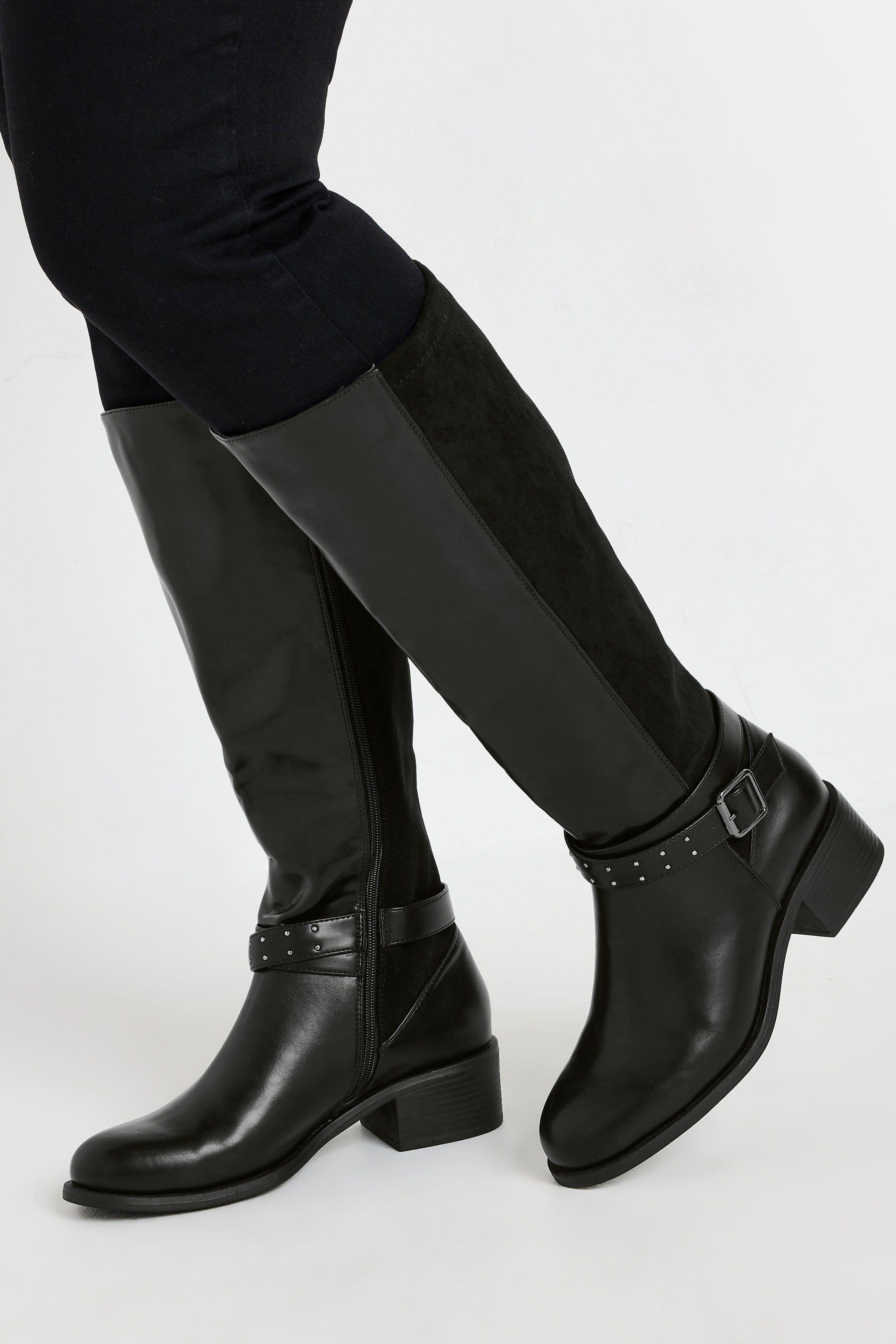 Faux Leather Buckle Detail Knee High Boots by YOURS