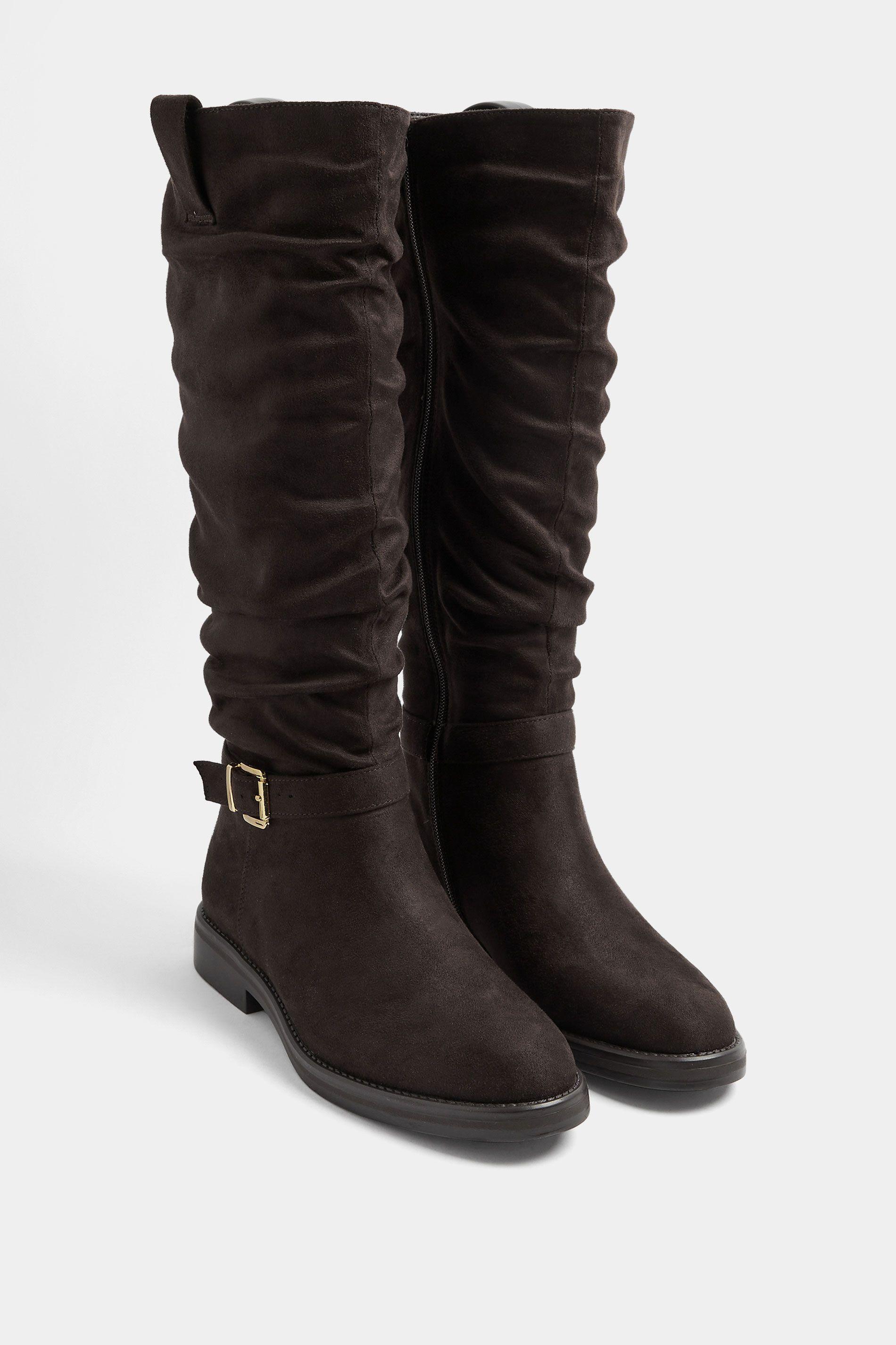 Faux Suede Buckle Detail Knee High Boots In Extra Wide E Fit by YOURS