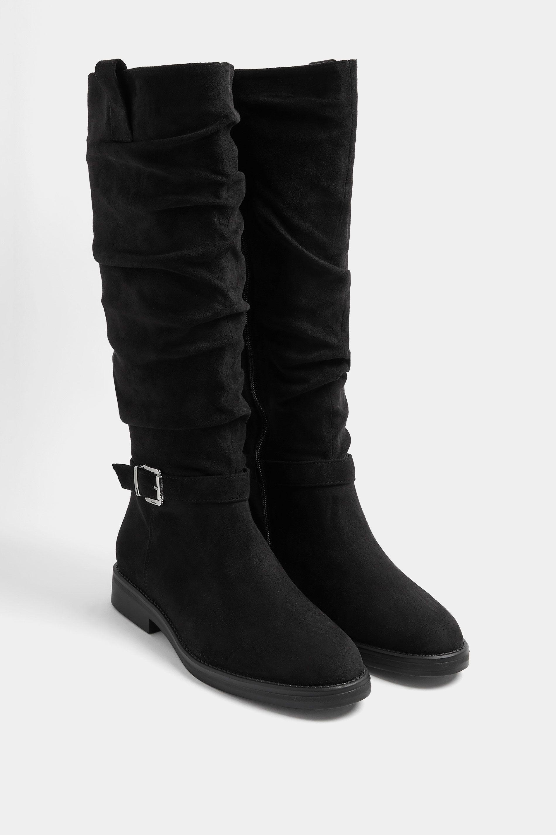 Faux Suede Buckle Detail Knee High Boots In Extra Wide E Fit by YOURS