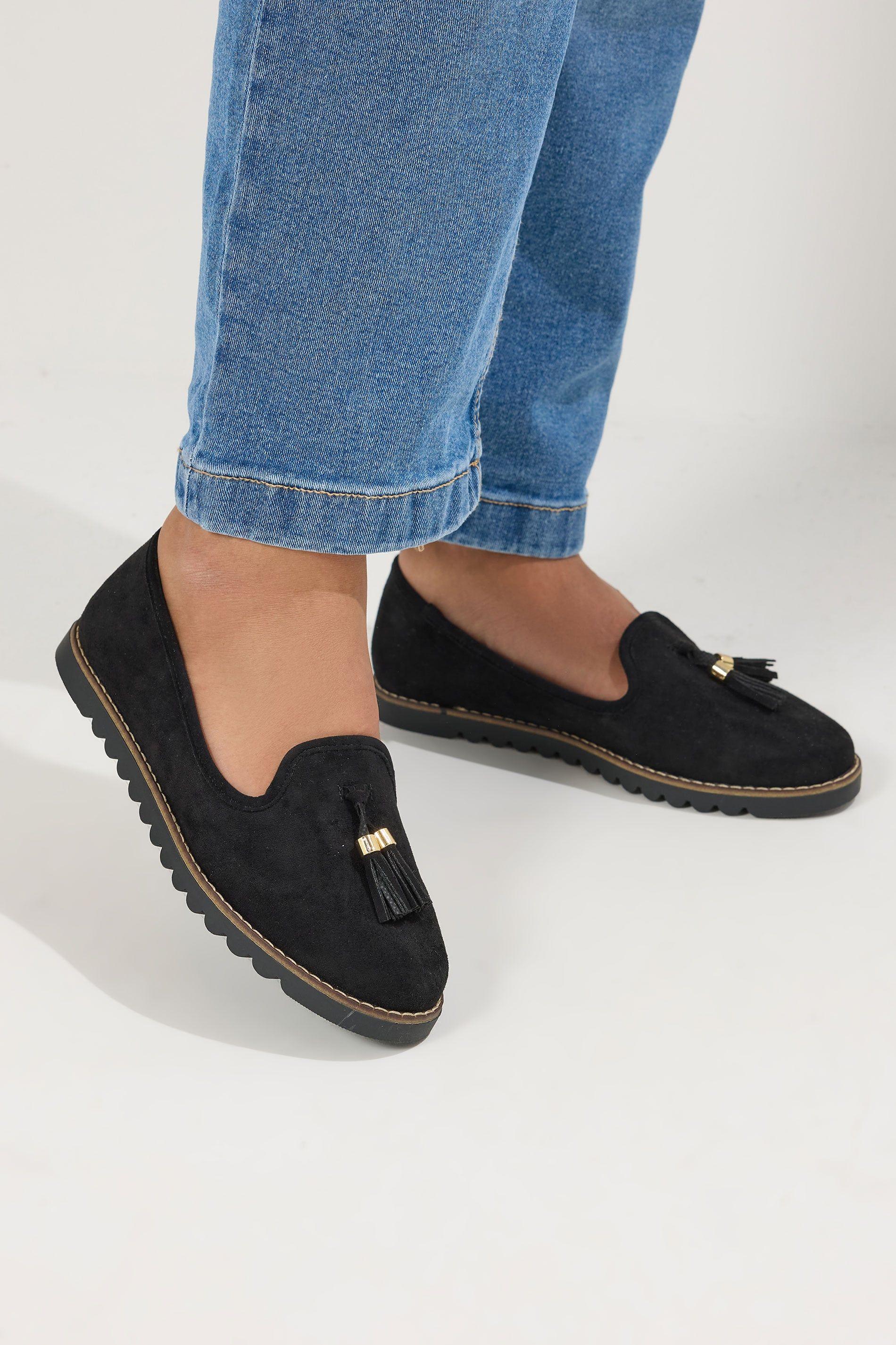 Faux Suede Tassel Slip On Loafers In Wide E Fit by YOURS
