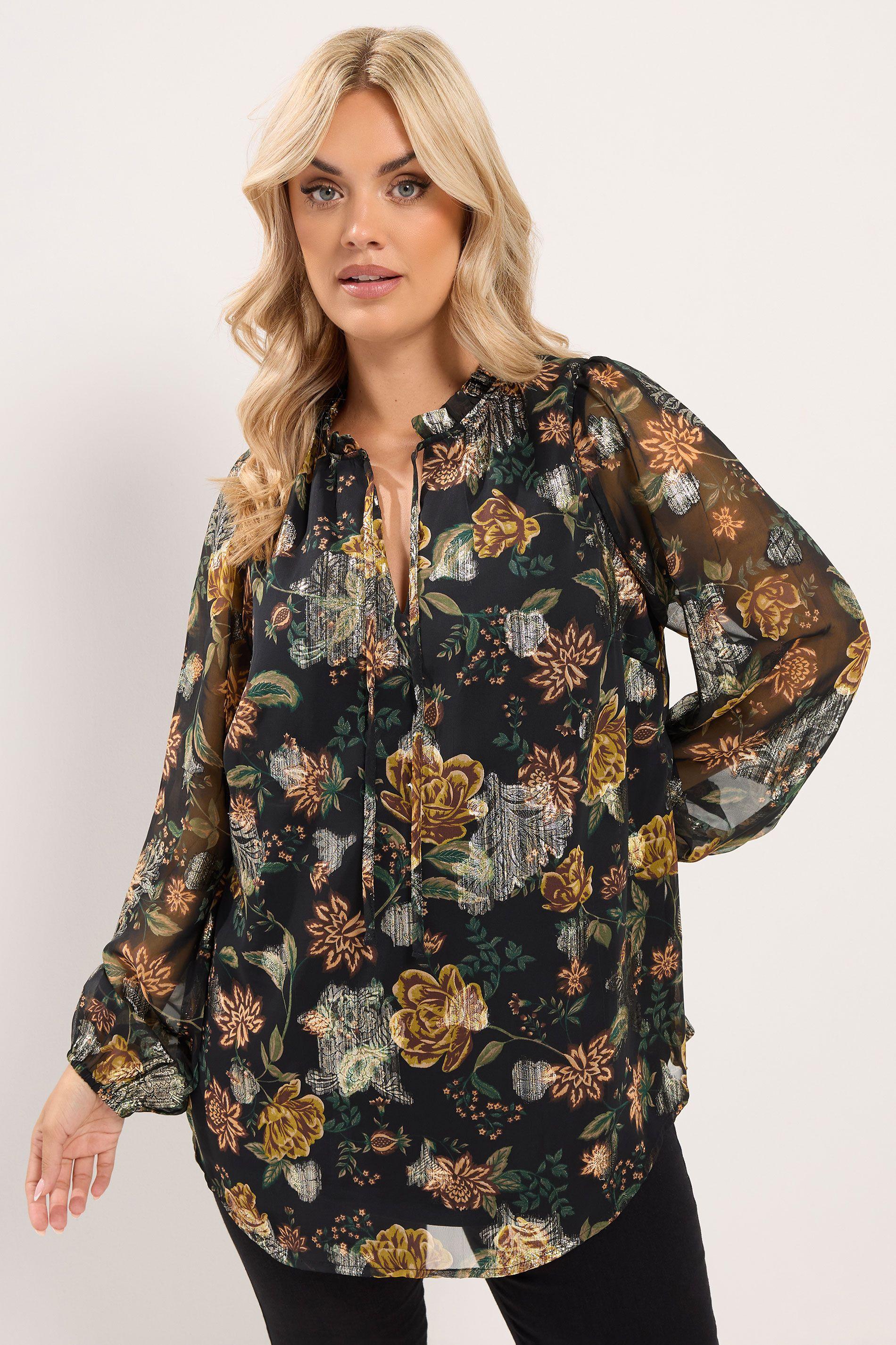 Floral Metallic Frill Neck Blouse by YOURS
