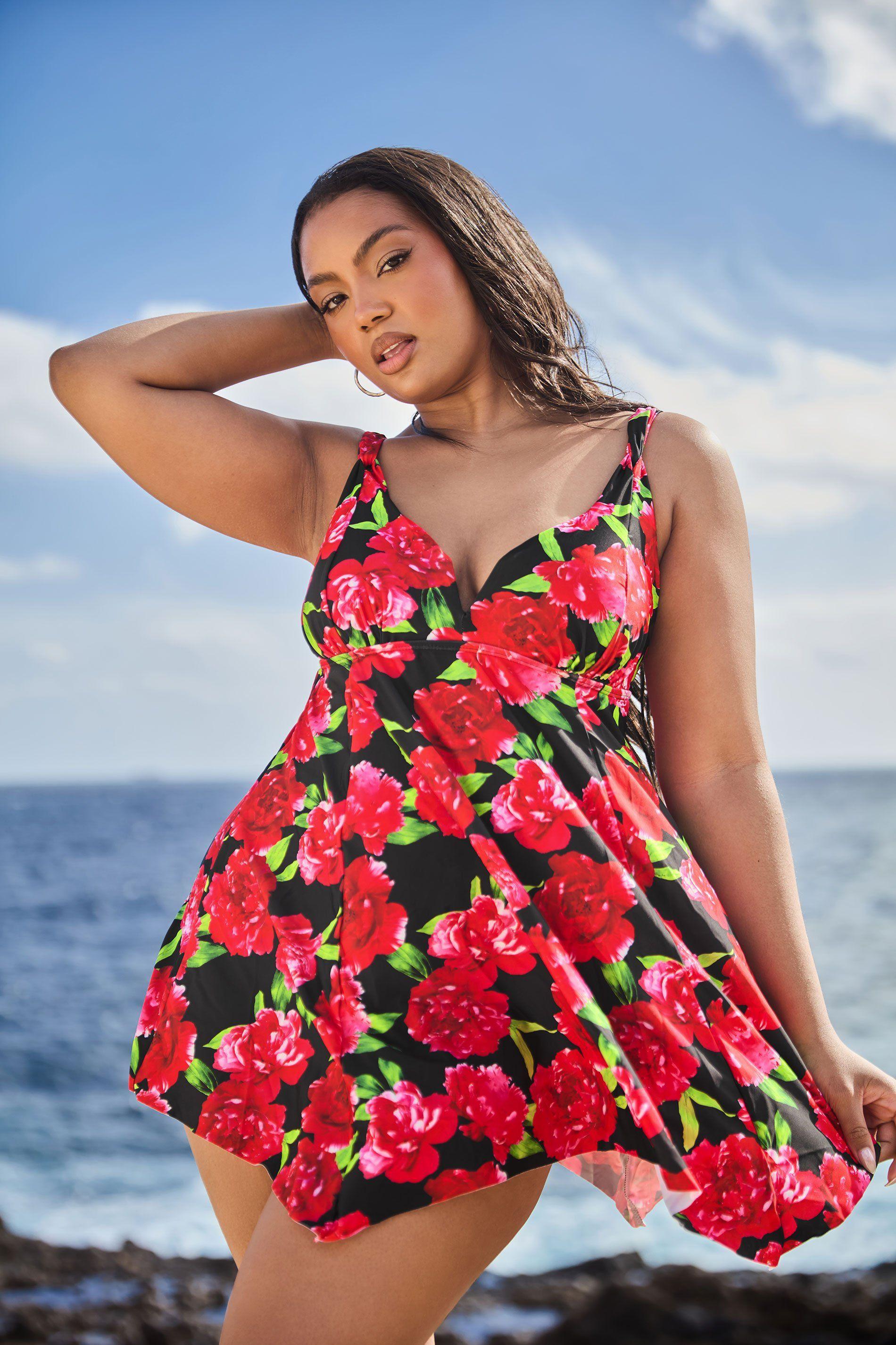 Floral Print Hanky Hem Swim Dress by YOURS