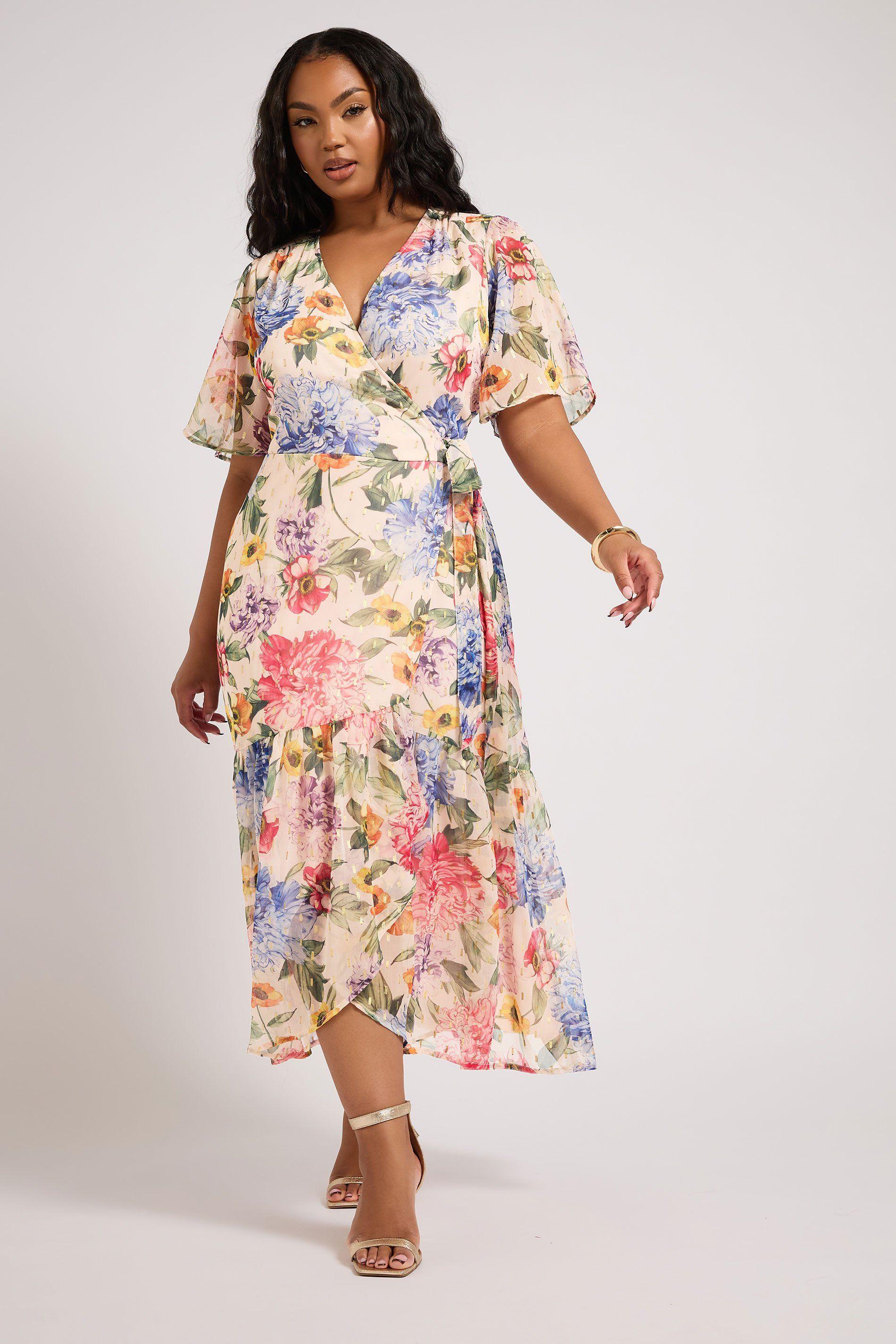 Floral Print Metallic Wrap Dress by YOURS