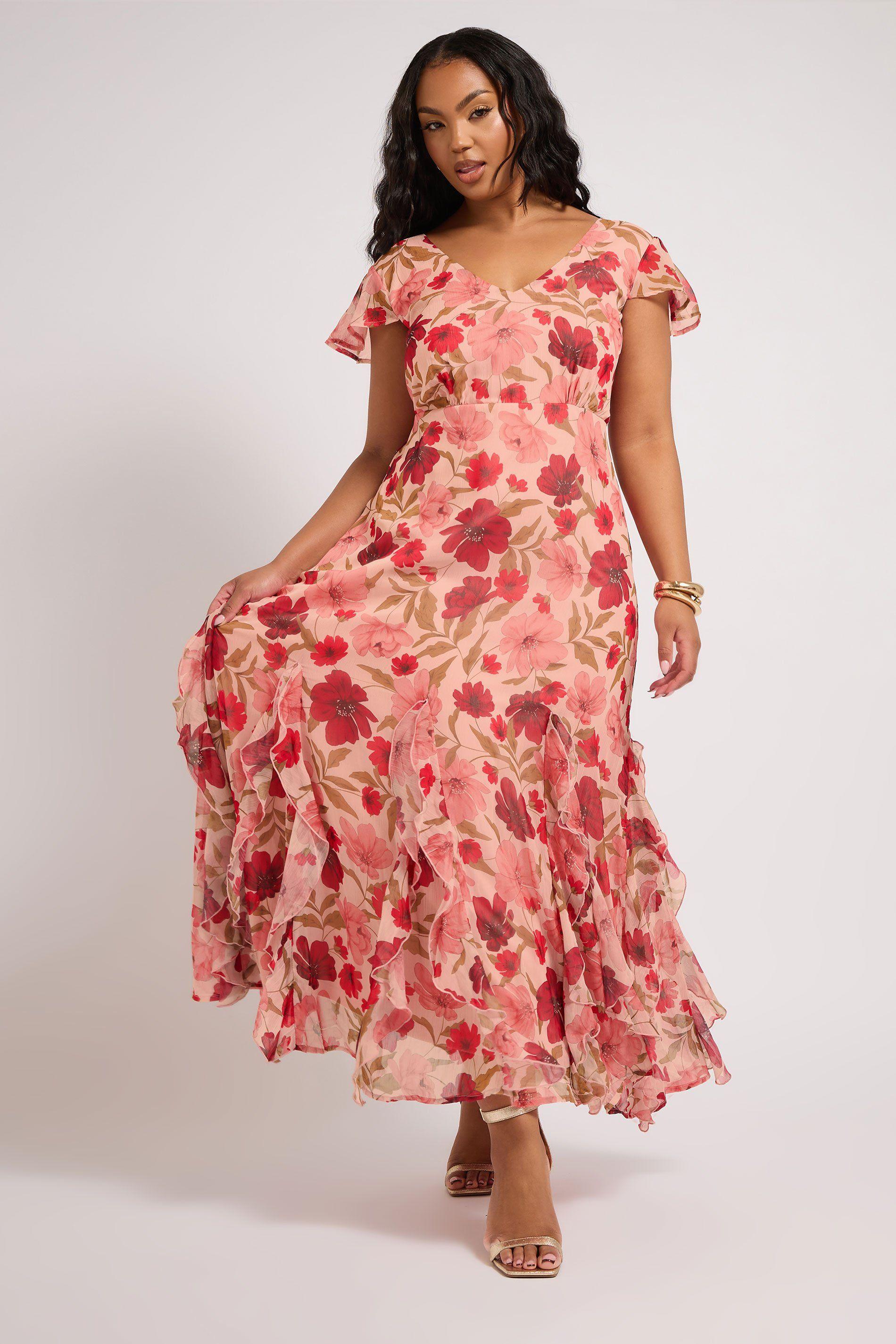 Floral Print Ruffle Godet Hem Dress by YOURS