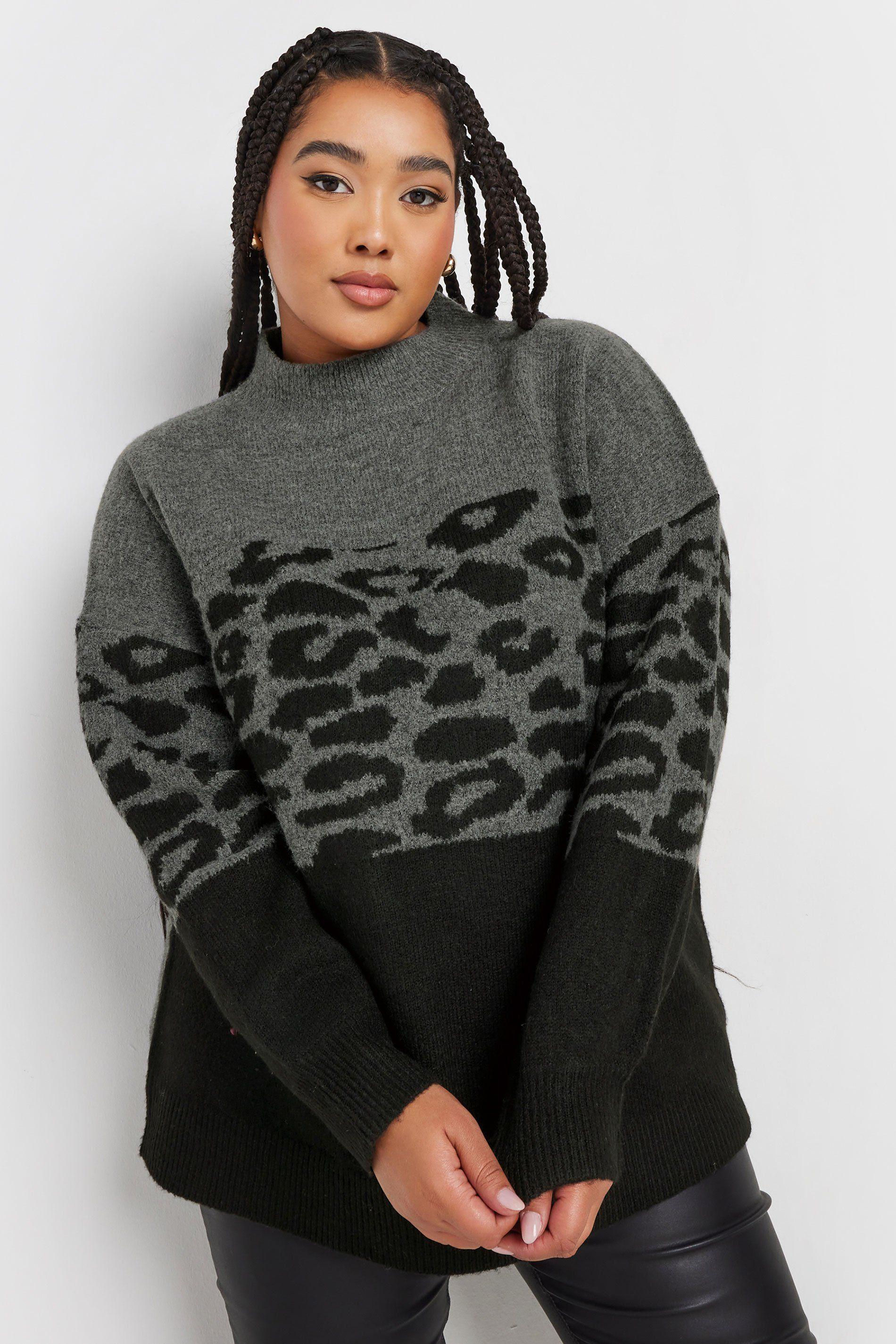 Knitted Leopard Colourblock Jumper by YOURS