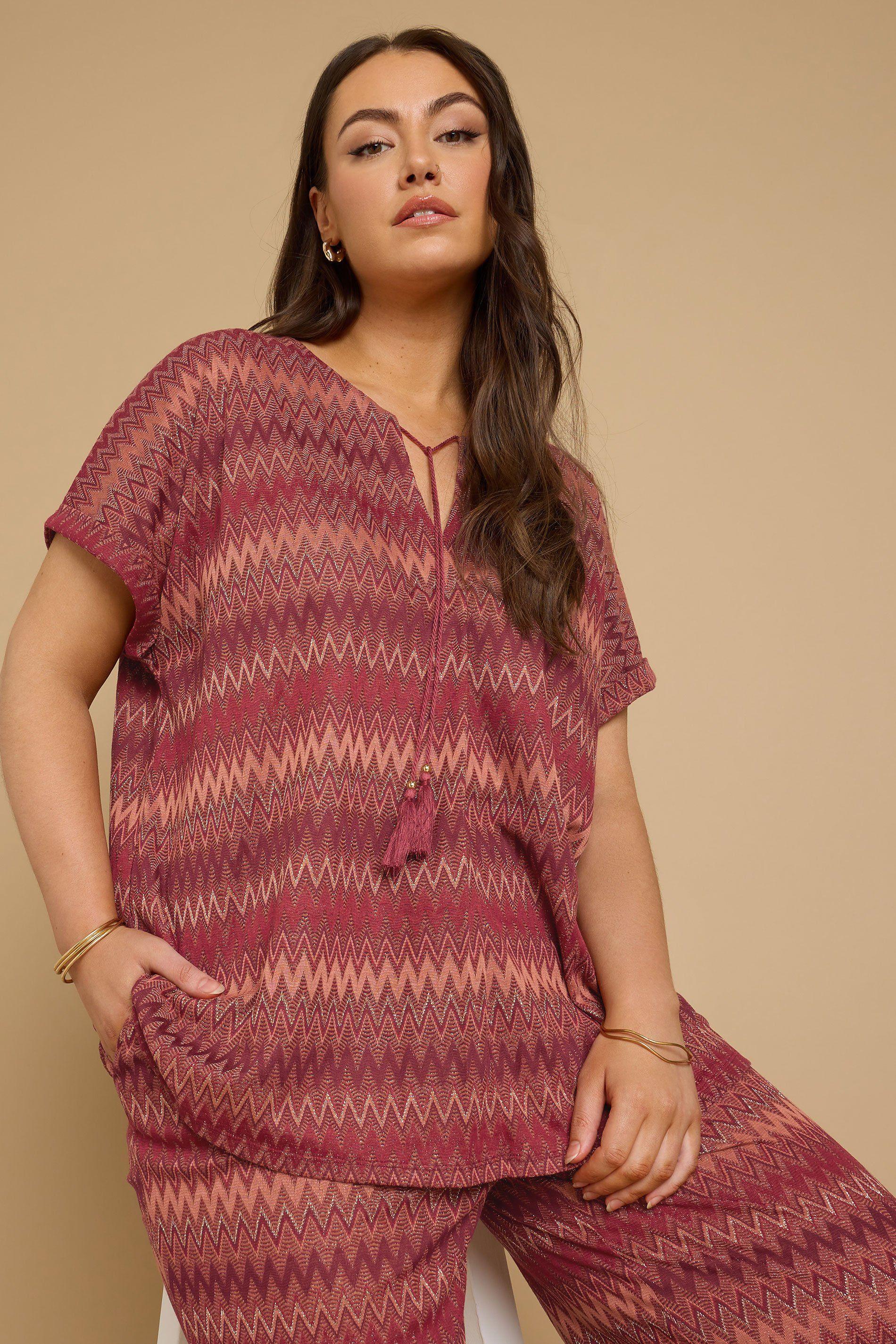 Metallic Zig Zag Tie Neck Top by YOURS