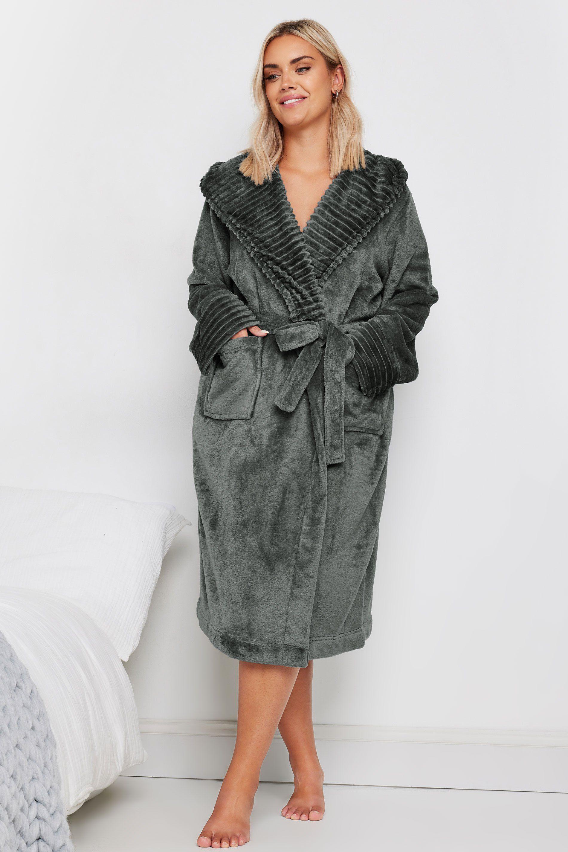 Ribbed Trim Hooded Dressing Gown by YOURS