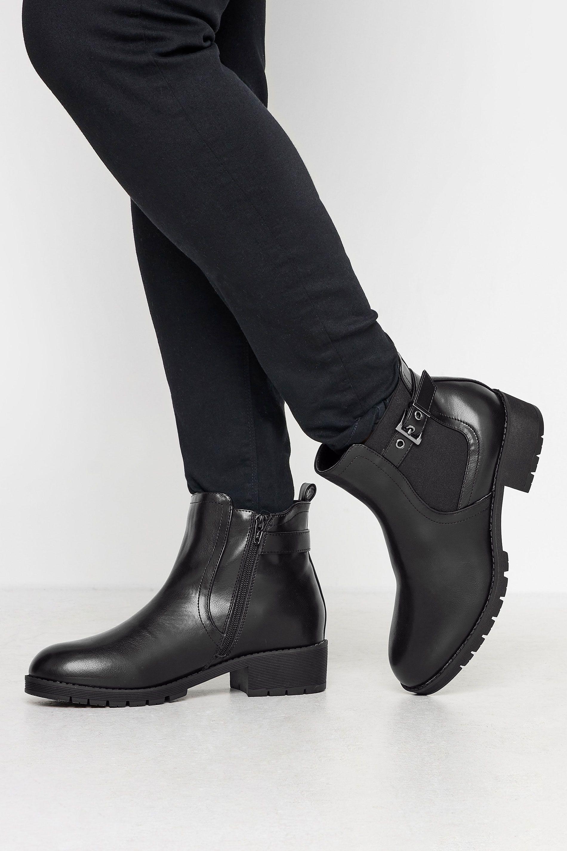 Wide & Extra Wide Fit Faux Leather Buckle Ankle Boots by YOURS