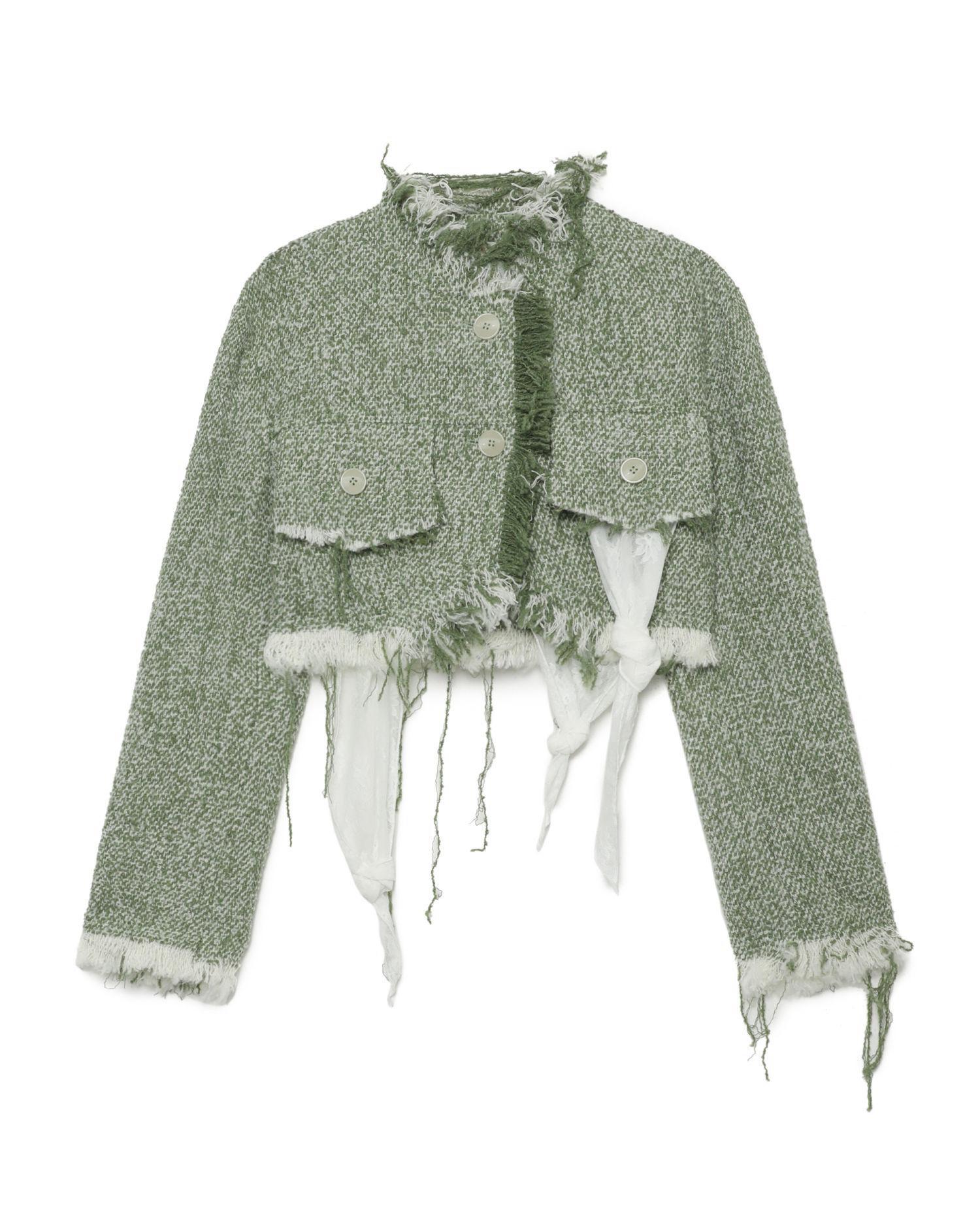 Frayed tweed jacket by YUHAN WANG