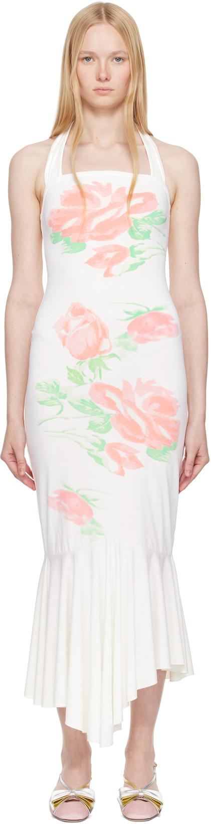 SSENSE Exclusive White Rose Printed Halterneck Midi Dress by YUHAN WANG