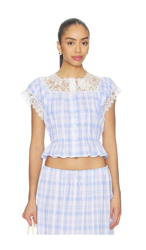 Yuhan Wang Lace Trim Button Check Top in Blue,White by YUHAN WANG