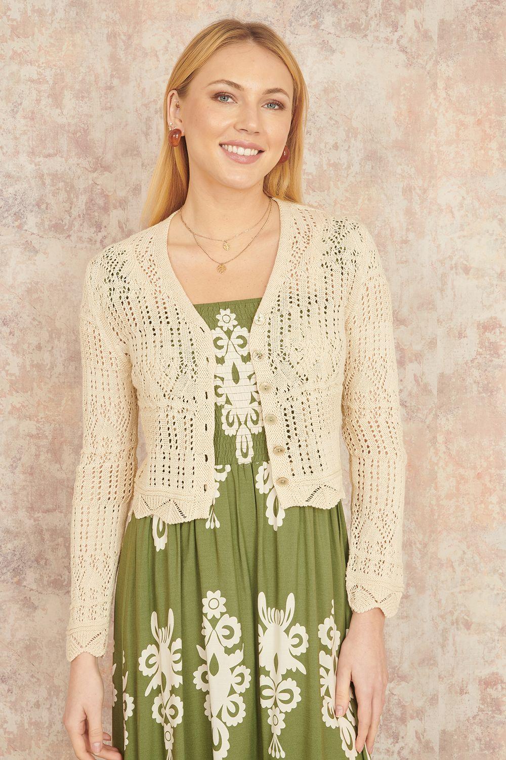 Beige Crochet Knitted Cropped Cardigan by YUMI