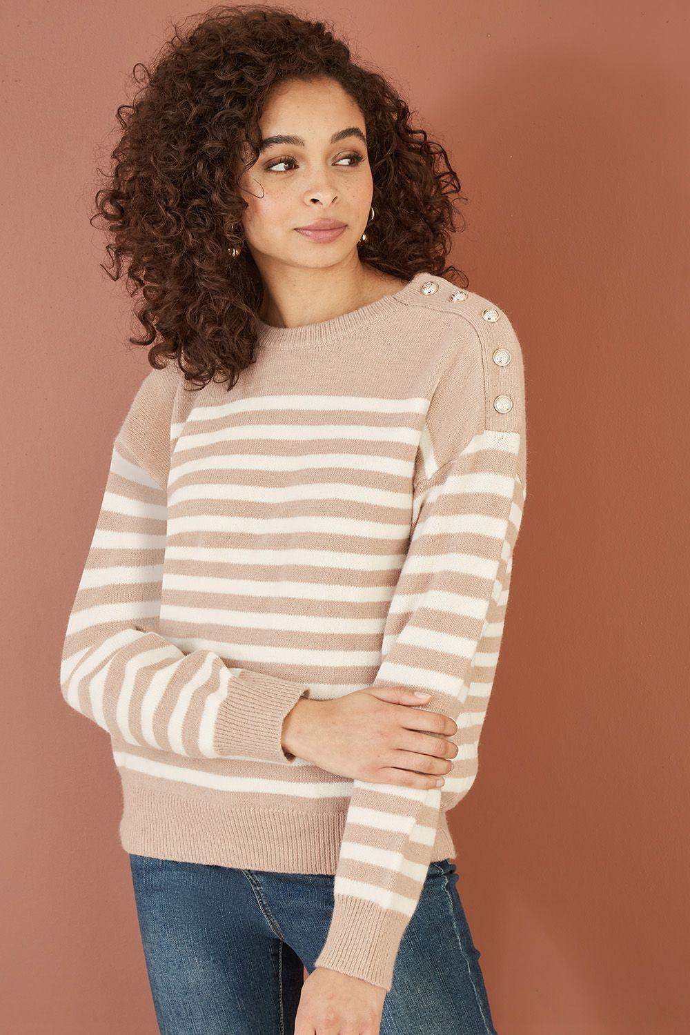 Beige Stripe Knitted Relaxed Jumper With Button Details by YUMI