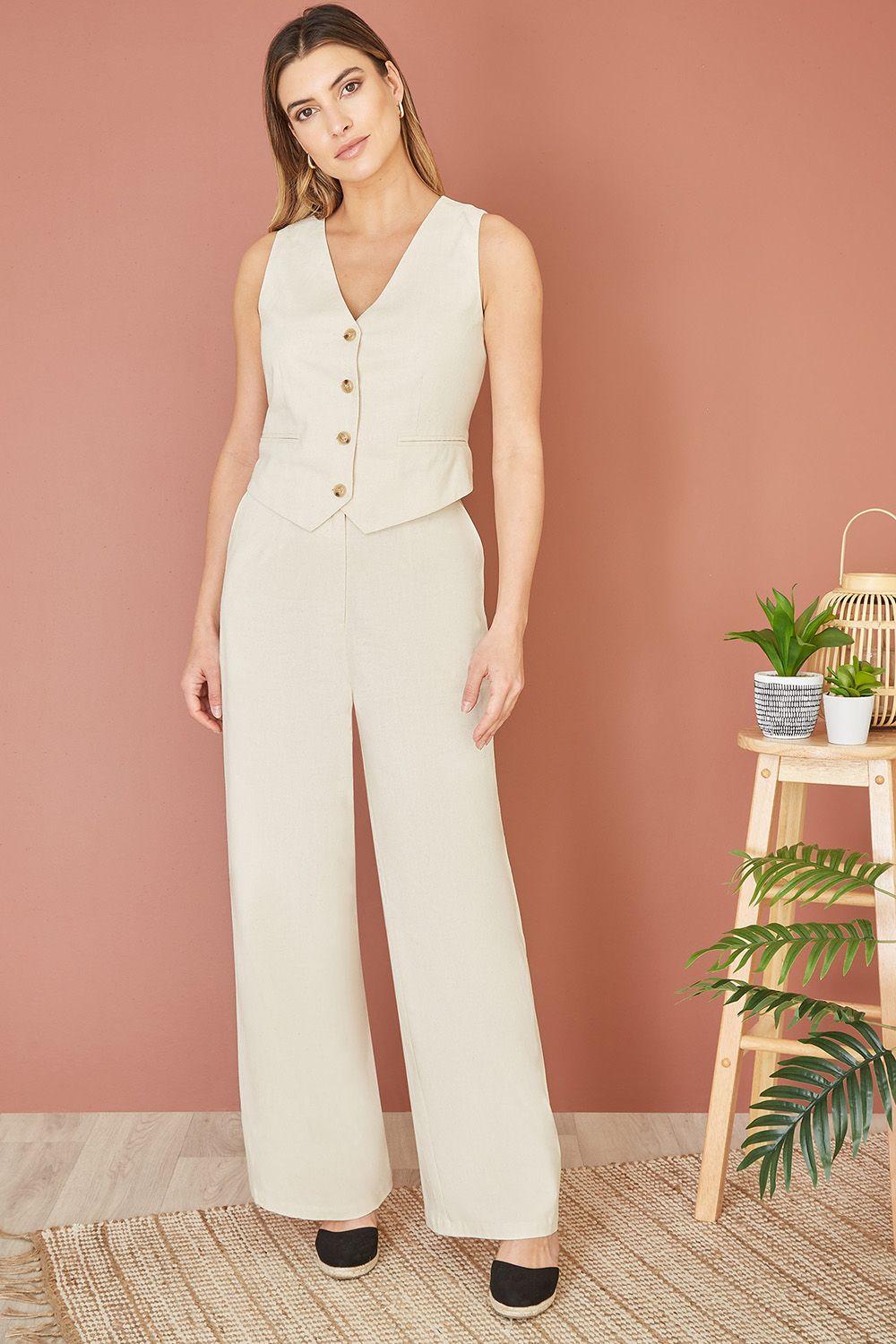 Beige Sustainable Cotton And Ramie Wide Leg Trousers by YUMI