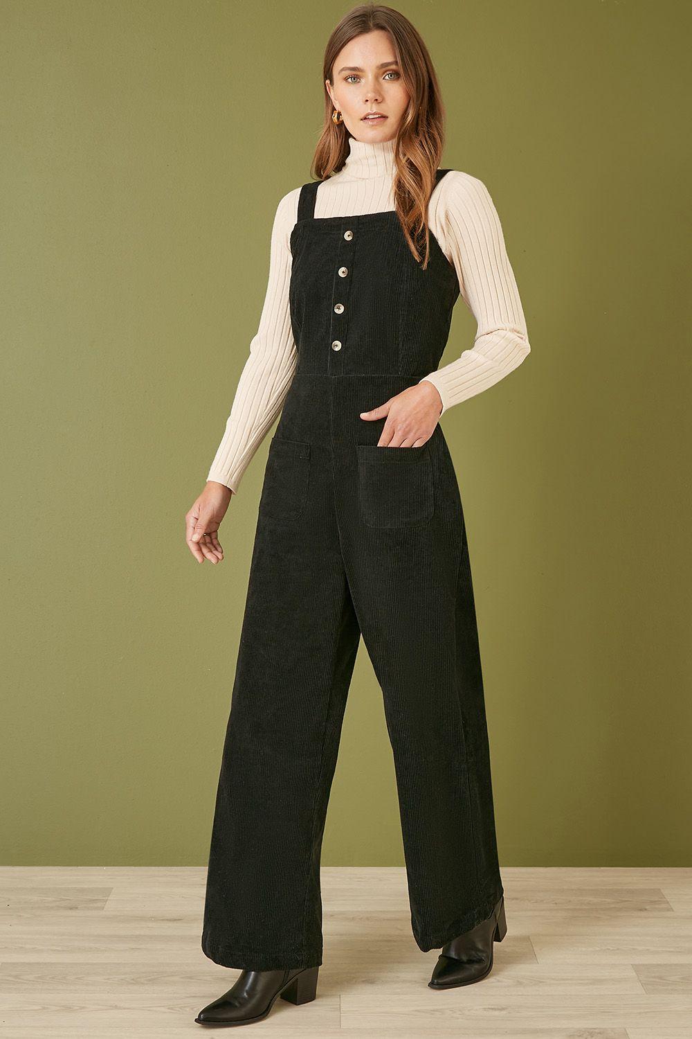 Black Cord Stretch Dungaree Style Jumpsuit by YUMI
