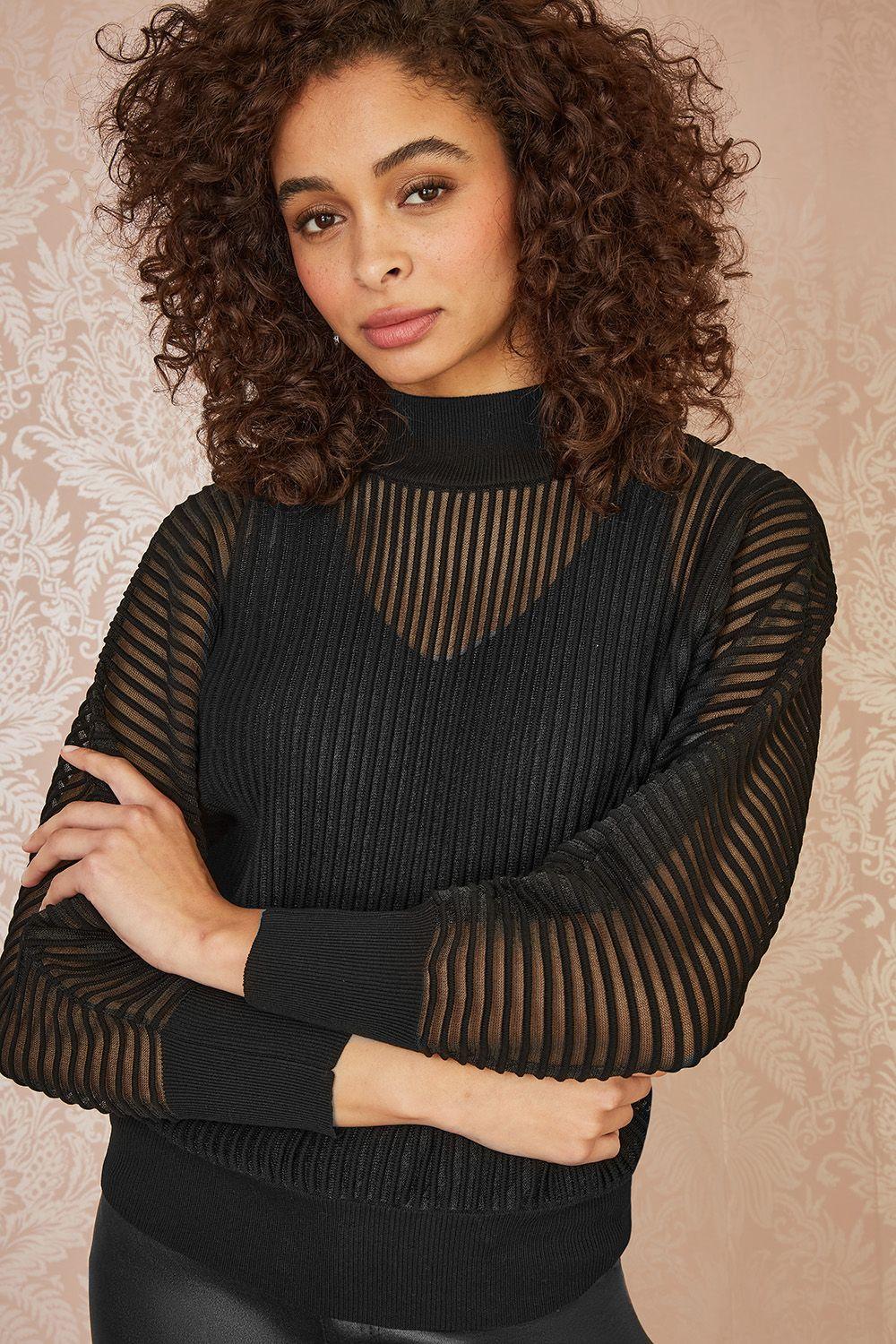 Black Sheer Roll Neck Jumper With Knitted Vest Top by YUMI