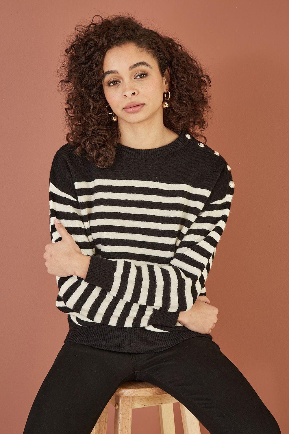 Black Stripe Knitted Relaxed Jumper With Button Details by YUMI