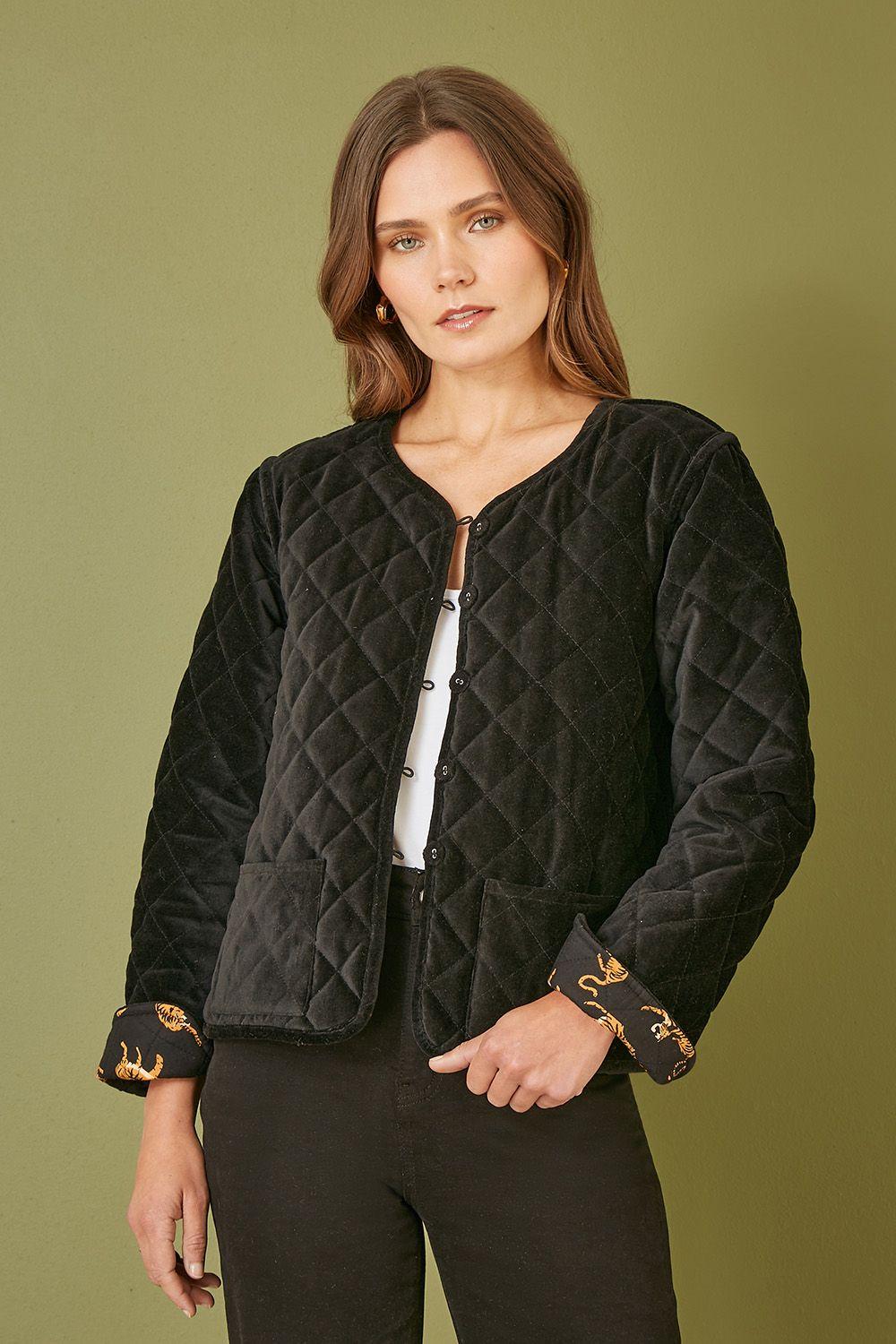 Black Velvet Quilted Jacket With Reversible Leopard Lining by YUMI