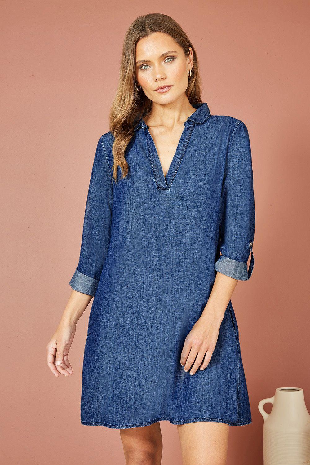 Blue Chambray Cotton Tunic With Pockets by YUMI
