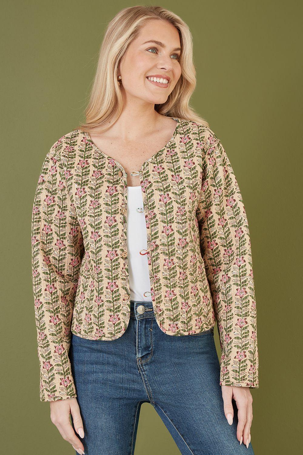 Blue Floral Print Reversible Cotton Cropped Quilted Jacket by YUMI
