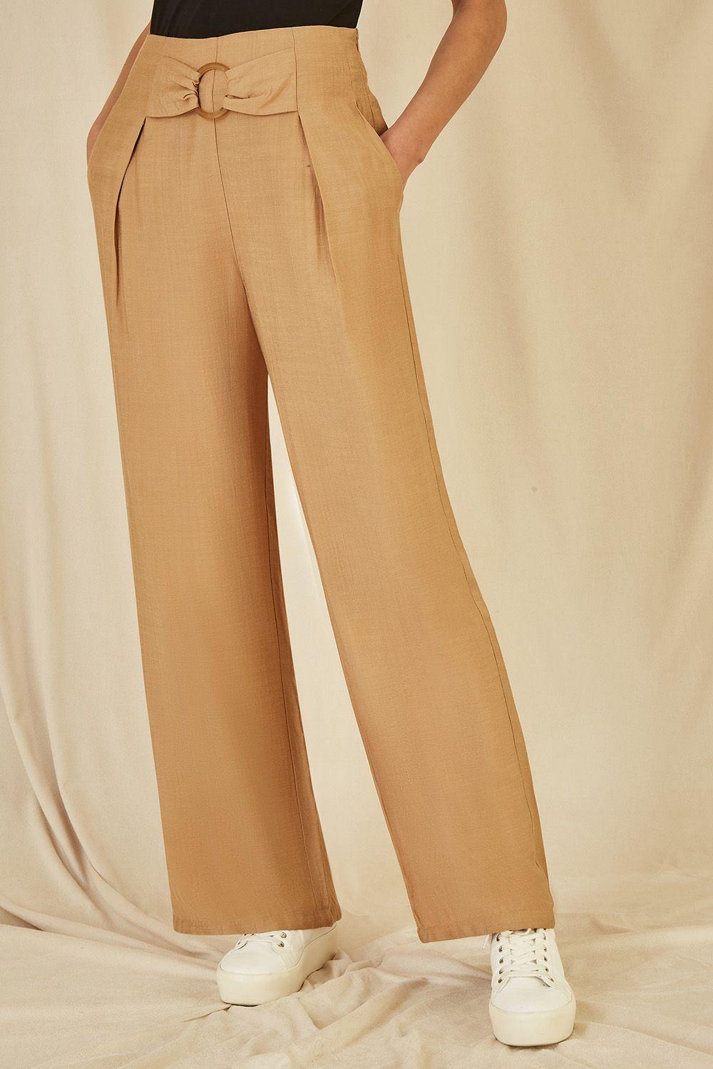 Brown Wide Leg trousers With Front Buckle Detail by YUMI