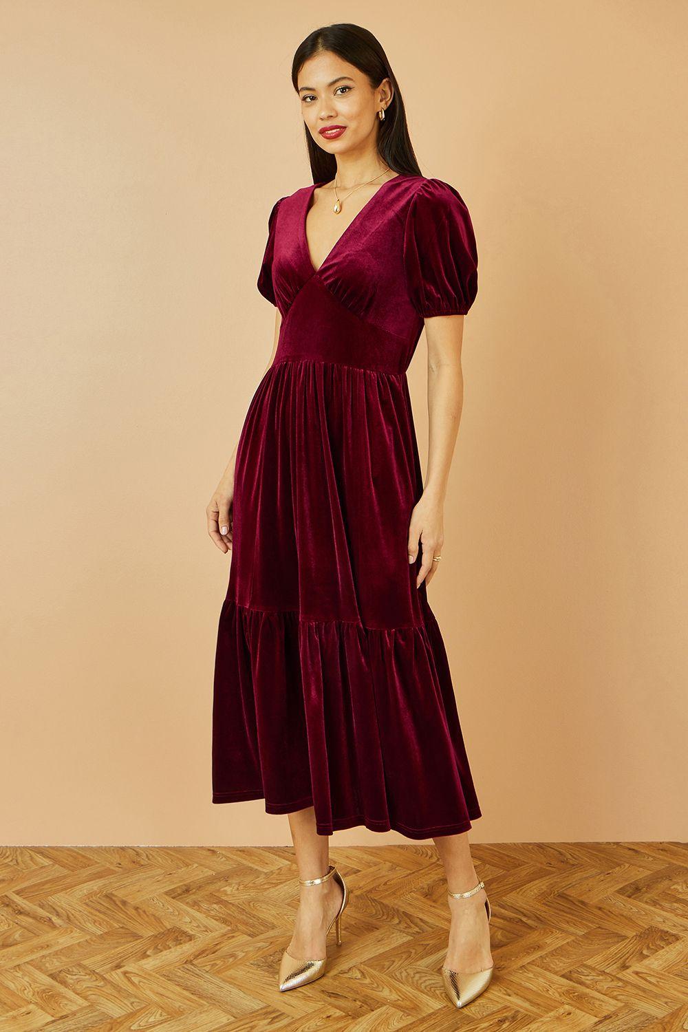 Burgundy Velvet Midi Dress by YUMI