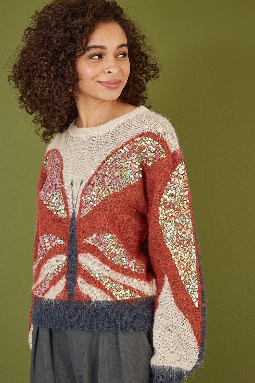 Cream Butterfly Sequin Knitted Jumper by YUMI