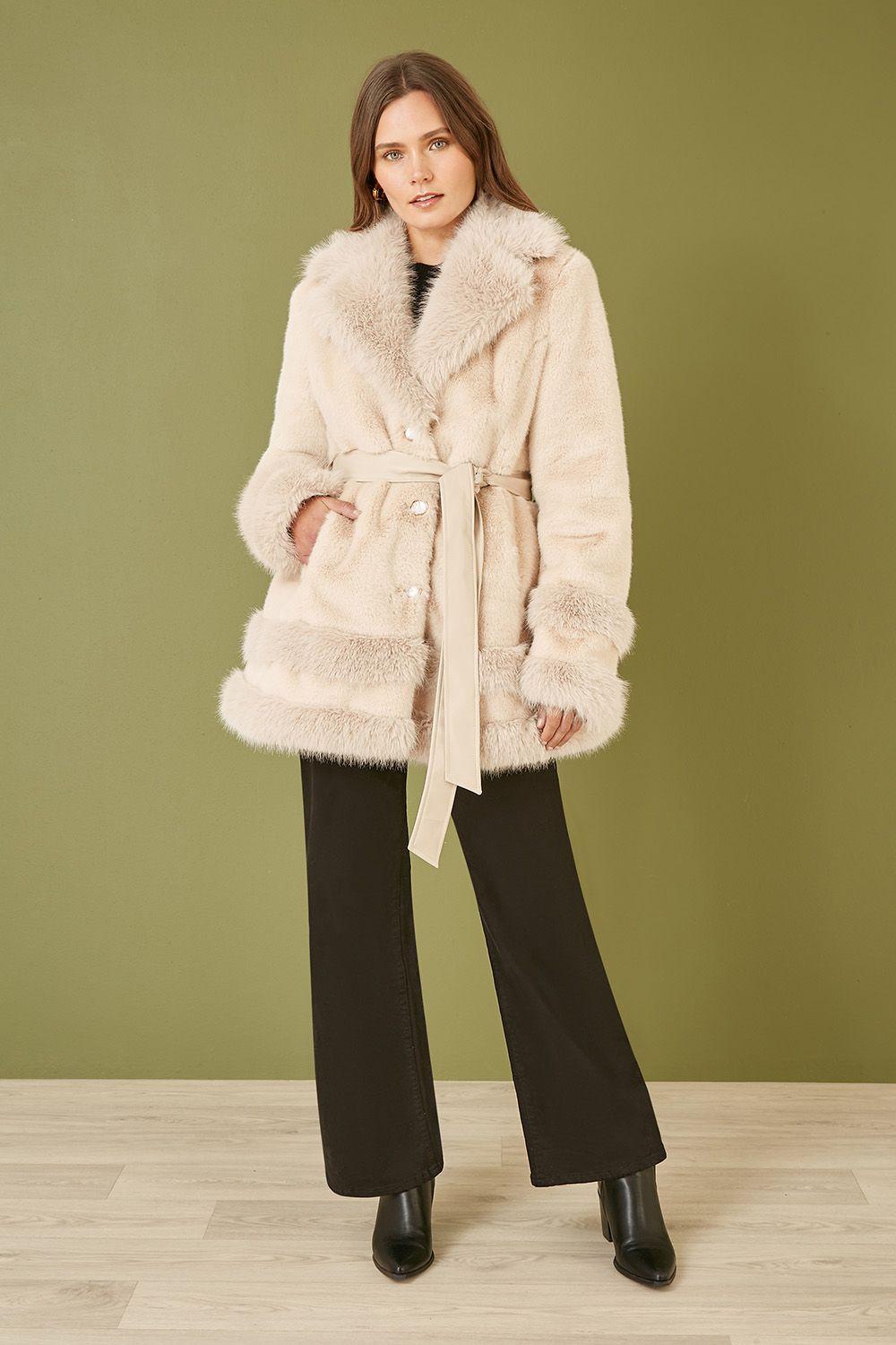 Cream Luxe Faux Fur Swing Coat With Tie Belt by YUMI