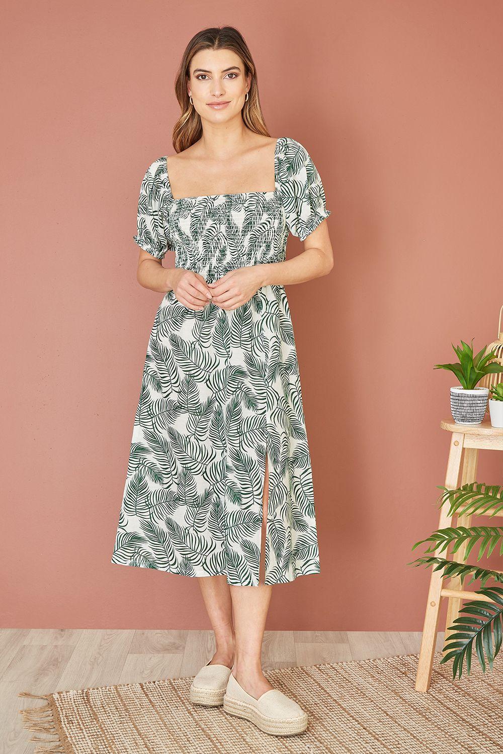 Green Organic Cotton Palm Print Midi Dress With Side Split by YUMI